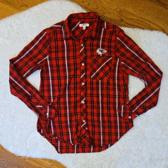 Wear By Erin Andrews KC Chiefs Plaid Button Down Top, Womens Medium - Picture 1 of 11